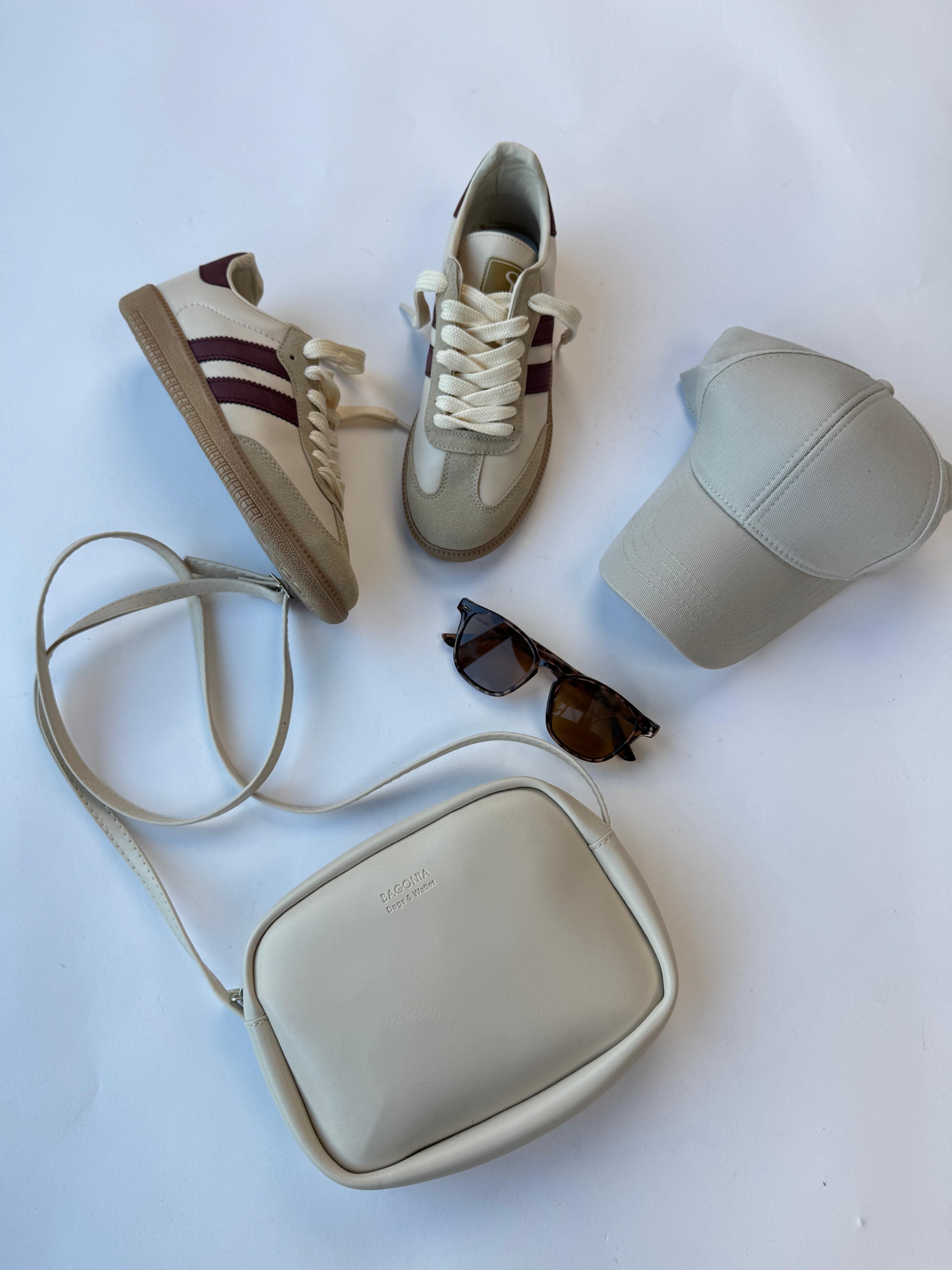 K080 Taş Rengi Şeritli SMB Sneaker Suni Deri Mini Çanta Leopar Kahverengi Güneş Gözlüğü Kumaş Cap Dörtlü Set  