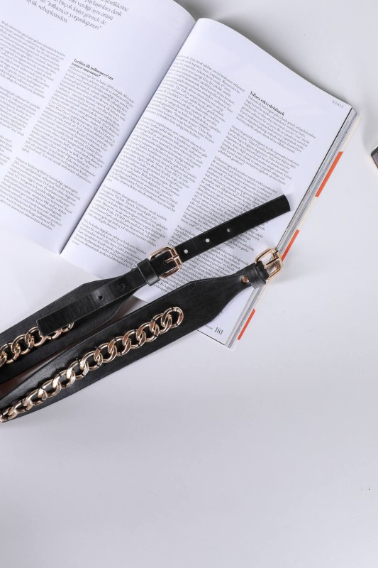 AKS-17076 Siyah Zincir Şeritli Metal Tokalı Kemer