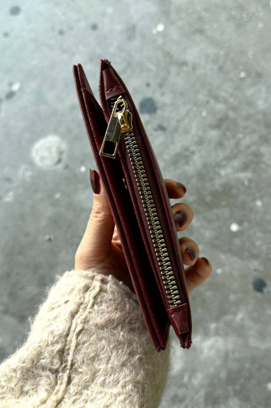 AKS-17092 Bordo Rengi Suni Deri Gold Aksesuar Detaylı Çıtçıtlı Cüzdan - 2