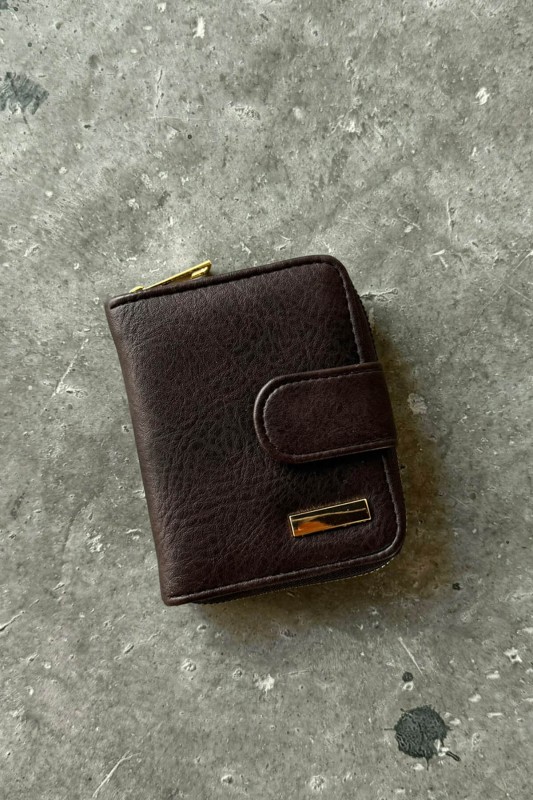 AKS-17093 Acı Kahve Çıtçıtlı Fermuarlı Mini Suni Deri Cüzdan - 1
