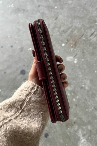AKS-17094 Bordo Rengi Uzun Çıtçıtlı Fermuarlı Suni Deri Cüzdan - 2