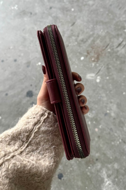 AKS-17094 Bordo Rengi Uzun Çıtçıtlı Fermuarlı Suni Deri Cüzdan - 2