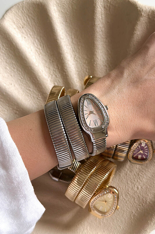 Alix Pudra Taşlı Kadran Silver Sarmal Kelepçe Kadın Kol Saati - 1