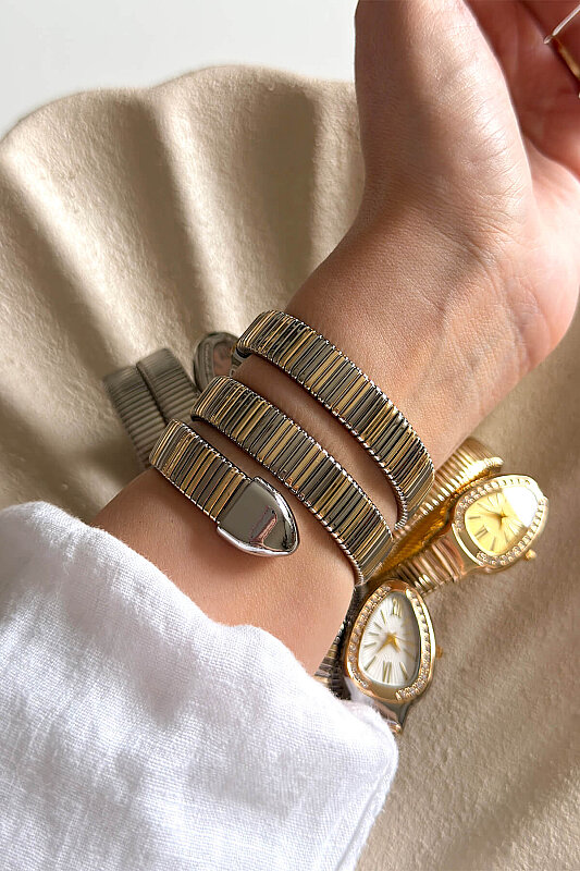 Alix Ekru Taşlı Kadran Gold-Silver Sarmal Kelepçe Kadın Kol Saati - 3