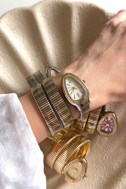 Alix Ekru Taşlı Kadran Gold-Silver Sarmal Kelepçe Kadın Kol Saati - 1