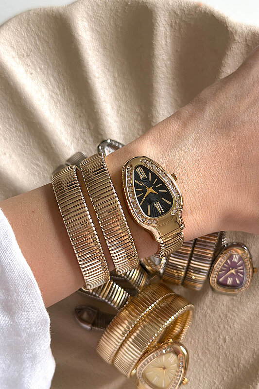 Alix Siyah Taşlı Kadran Gold Sarmal Kelepçe Kadın Kol Saati - 1