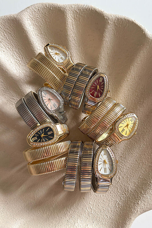 Alix Bordo Taşlı Kadran Gold-Silver Sarmal Kelepçe Kadın Kol Saati - 3