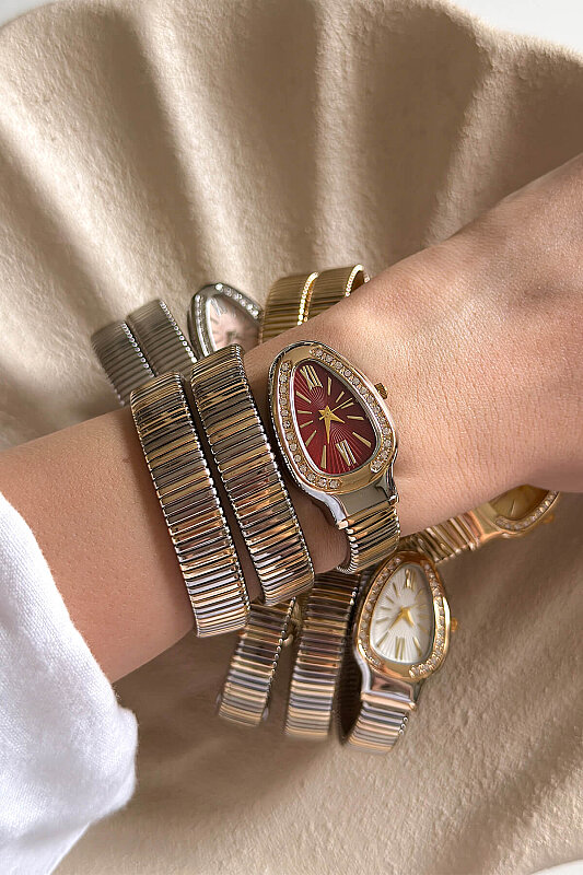 Alix Bordo Taşlı Kadran Gold-Silver Sarmal Kelepçe Kadın Kol Saati - 1