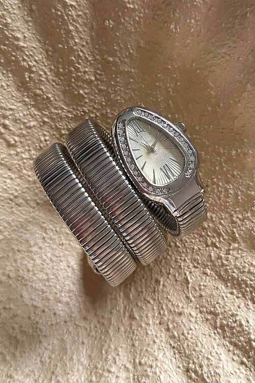 Alix Beyaz Kadran Silver Taşlı Sarmal Kelepçe Kadın Kol Saati - 1