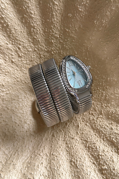 Alix Mavi Kadran Silver Taşlı Sarmal Kelepçe Kadın Kol Saati 