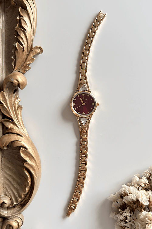 Arzen Bordo Kadran Gold Çelik Kordon Kadın Kol Saati