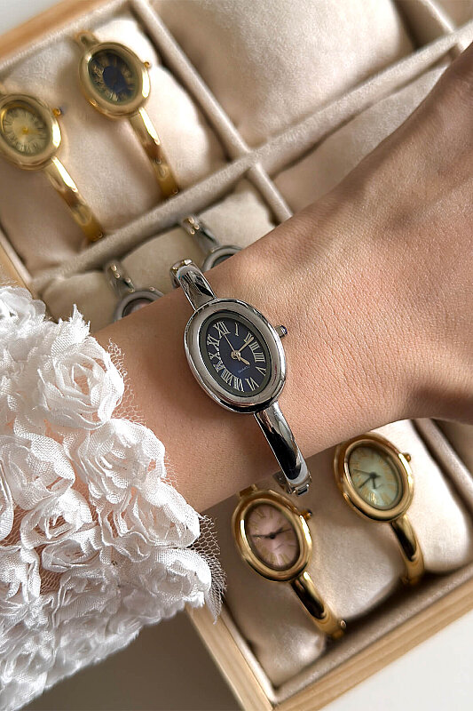 Asia Lacivert Kadran Silver Metal Kelepçe Kadın Kol Saati - 1