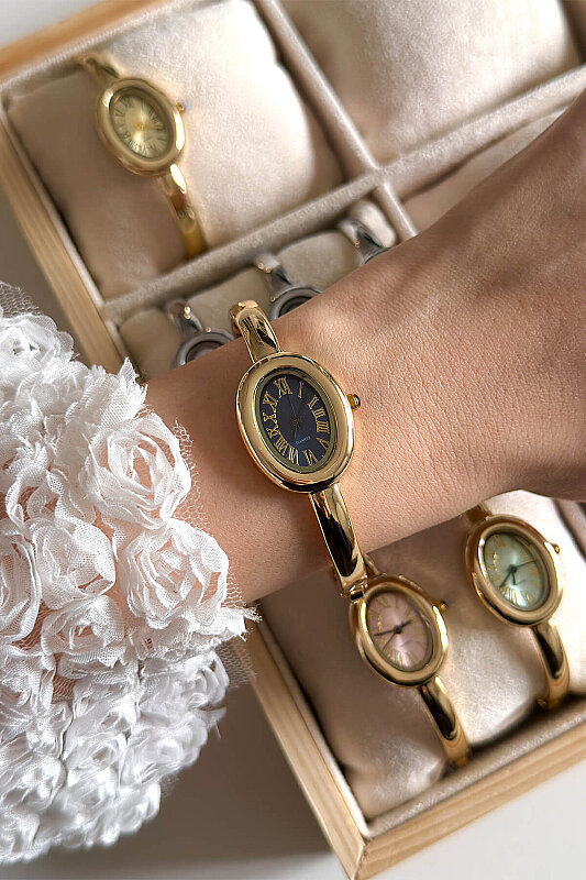 Asia Lacivert Kadran Gold Metal Kelepçe Kadın Kol Saati - 1