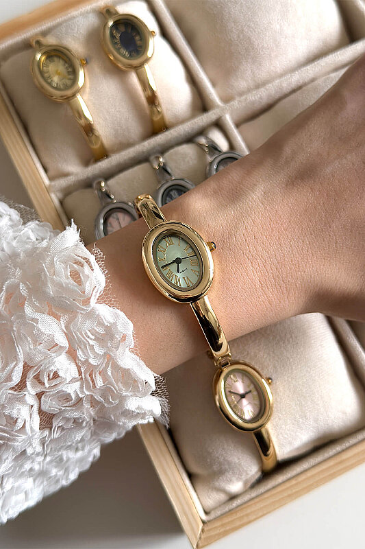 Asia Yeşil Kadran Gold Metal Kelepçe Kadın Kol Saati - 1