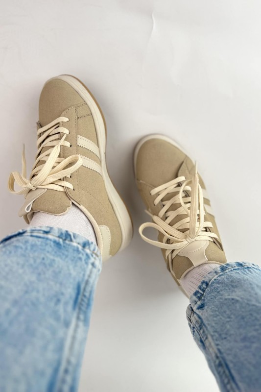 AYK-1019 Bej Rengi Süet Şeritli Muadil Sneaker