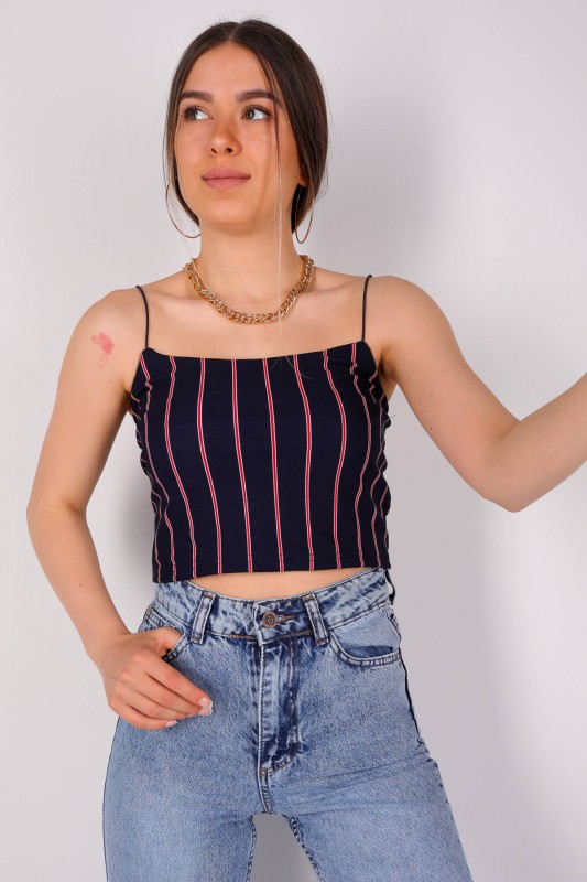 BLZ-06083 Lacivert Çizgili İnce Askılı Crop Bluz