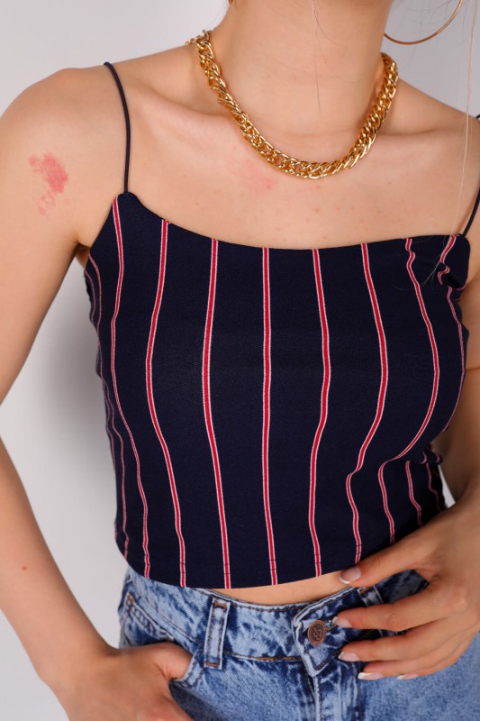 BLZ-06083 Lacivert Çizgili İnce Askılı Crop Bluz