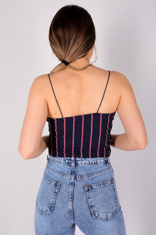 BLZ-06083 Lacivert Çizgili İnce Askılı Crop Bluz