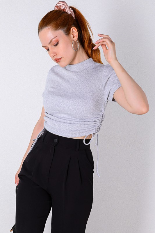 BLZ-06158 Gri Büzgülü Kaşkorse Bluz