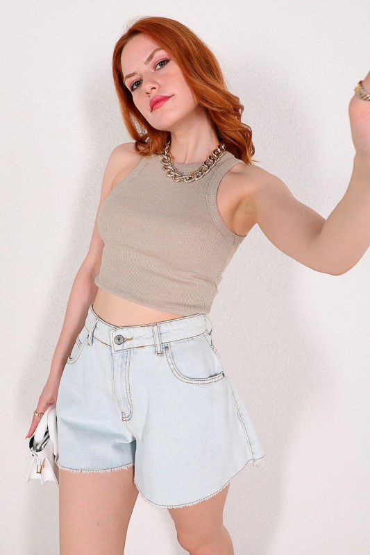 BLZ-06159 Taş Rengi Halter Yaka Kaşkorse Bluz