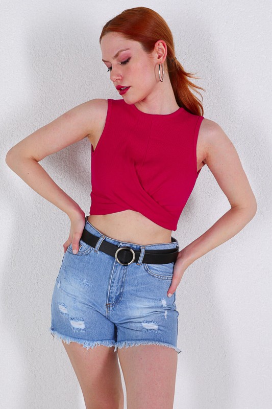 BLZ-06162 Fuşya Halter Yaka Çapraz Bağlamalı Kaşkorse Bluz