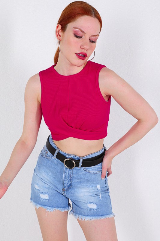 BLZ-06162 Fuşya Halter Yaka Çapraz Bağlamalı Kaşkorse Bluz