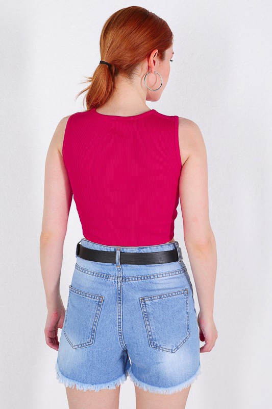 BLZ-06162 Fuşya Halter Yaka Çapraz Bağlamalı Kaşkorse Bluz
