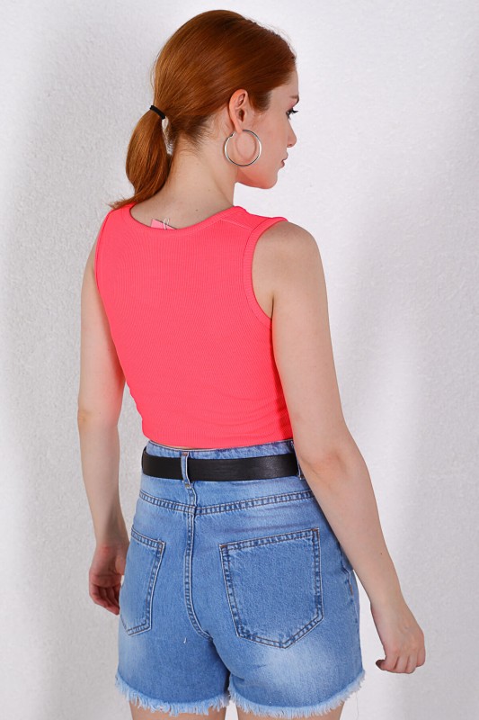 BLZ-06162 Neon Pembe Halter Yaka Çapraz Bağlamalı Kaşkorse Bluz
