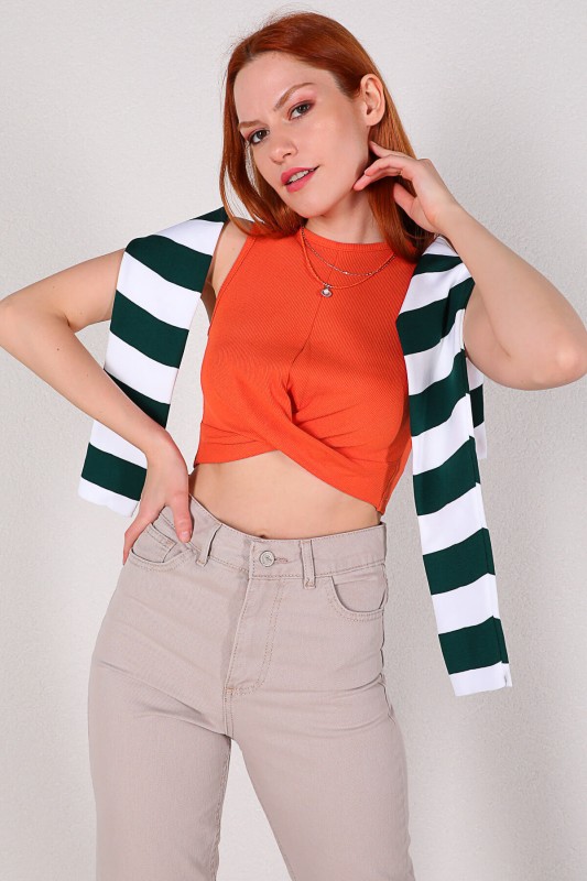 BLZ-06162 Turuncu Halter Yaka Çapraz Bağlamalı Kaşkorse Bluz