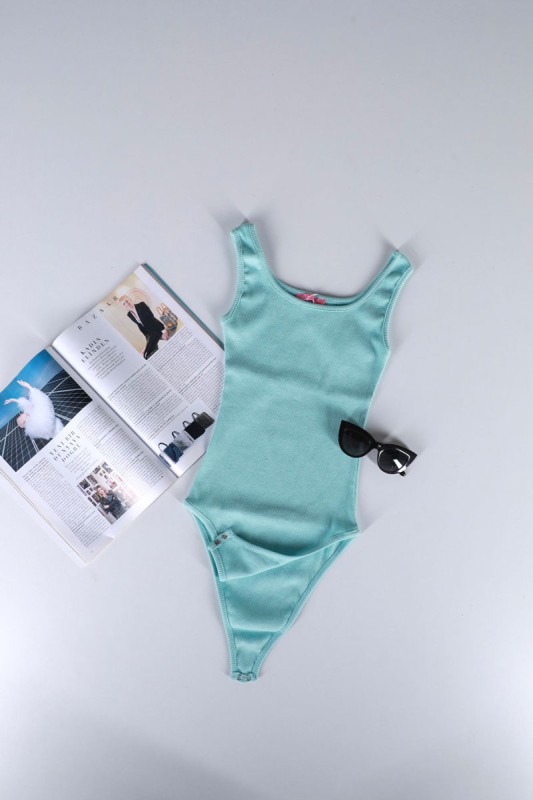 BLZ-06171 Su Yeşili Yuvarlak Yaka Askılı Kaşkorse Kumaş Bodysuit