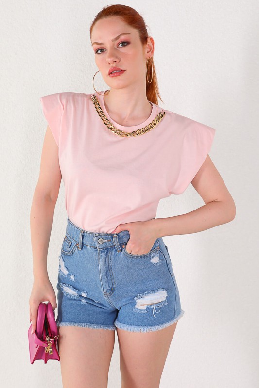 BLZ-06174 Pudra Zincir Detaylı Vatkalı Bluz