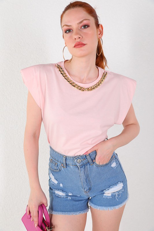 BLZ-06174 Pudra Zincir Detaylı Vatkalı Bluz