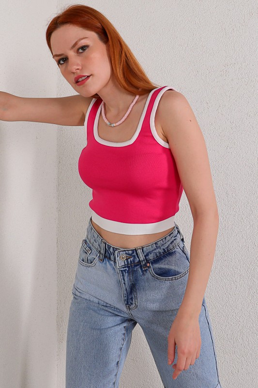 BLZ-06179 Pembe Askılı Triko Bluz
