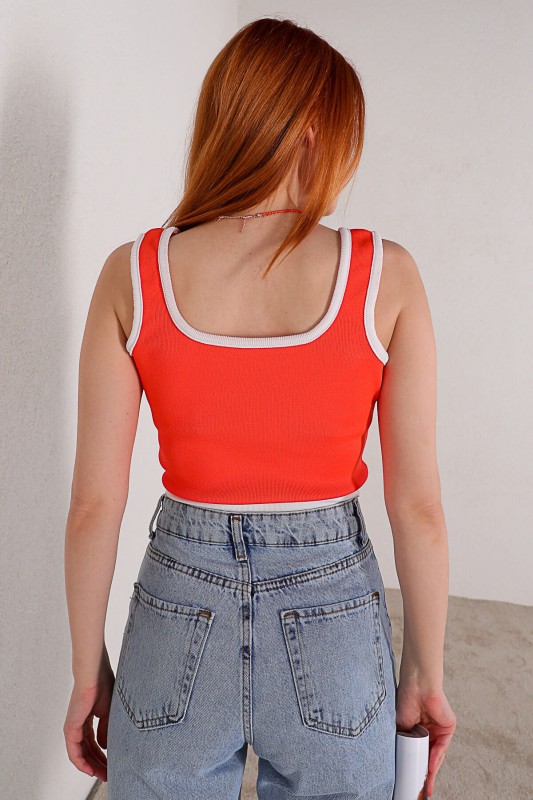 BLZ-06179 Turuncu Askılı Triko Bluz