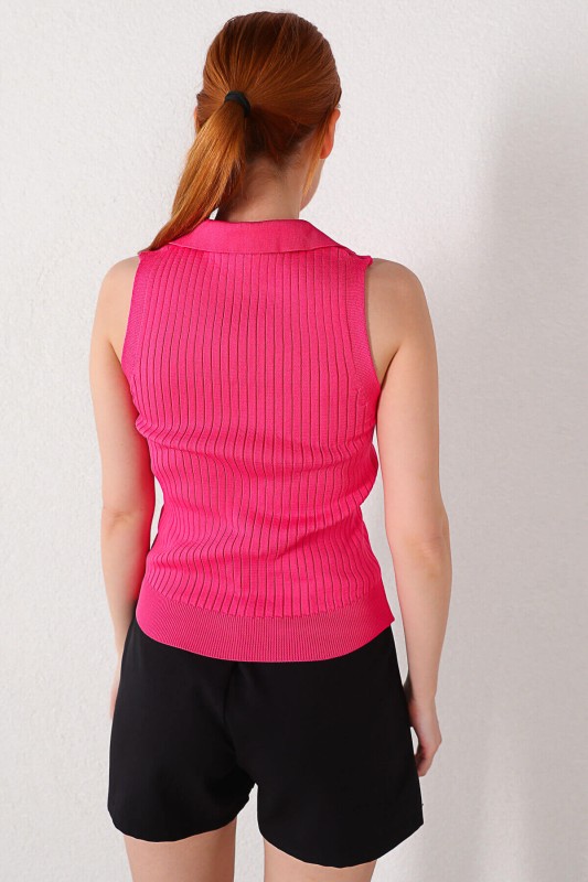 BLZ-06181 Pembe Polo Yaka Kolsuz Taş Detaylı Bluz