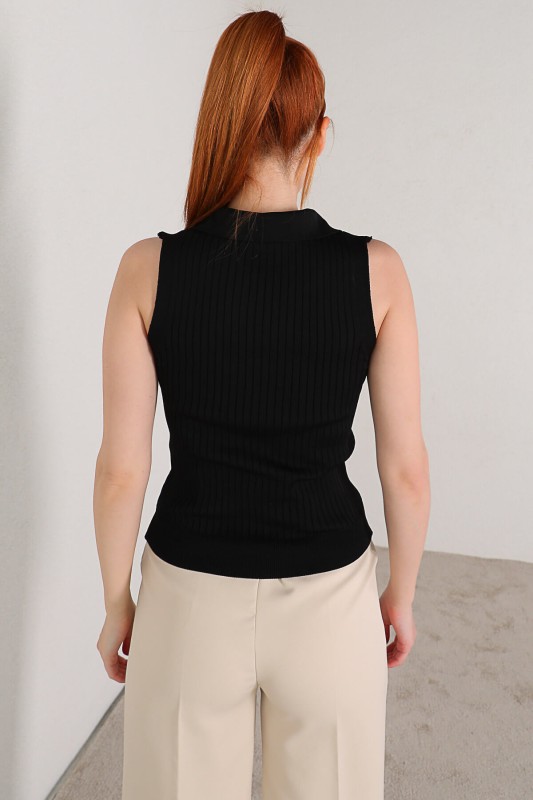 BLZ-06181 Siyah Polo Yaka Kolsuz Taş Detaylı Bluz