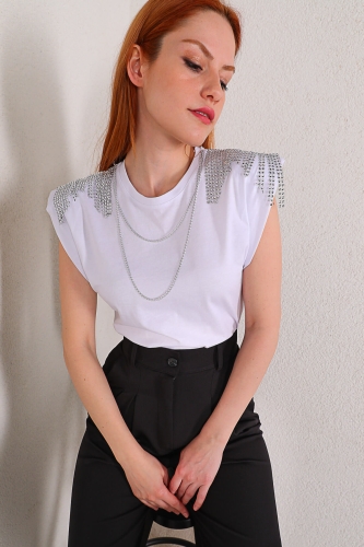 BLZ-06182 Beyaz Püskül Zincir Detay Vatkalı Bluz - Thumbnail