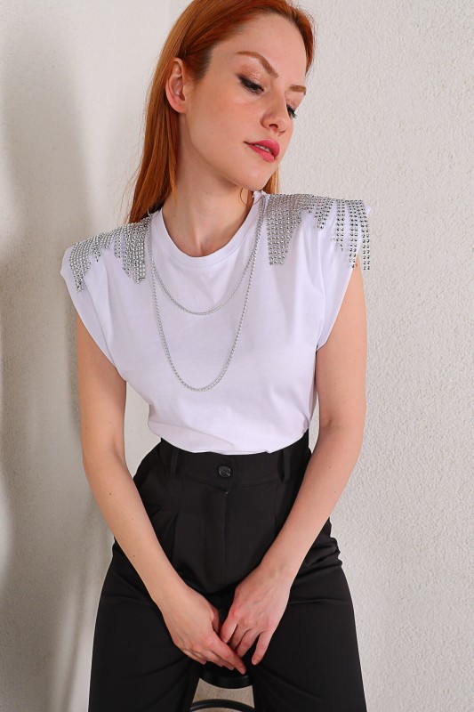 BLZ-06182 Beyaz Püskül Zincir Detay Vatkalı Bluz