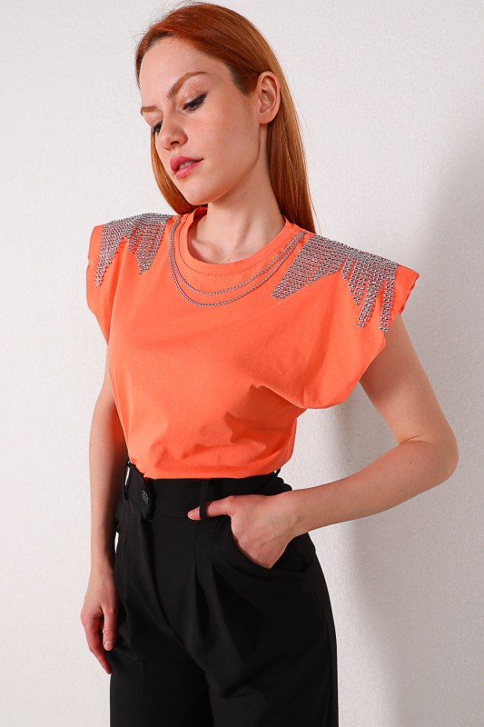 BLZ-06182 Turuncu Püskül Zincir Detay Vatkalı Bluz
