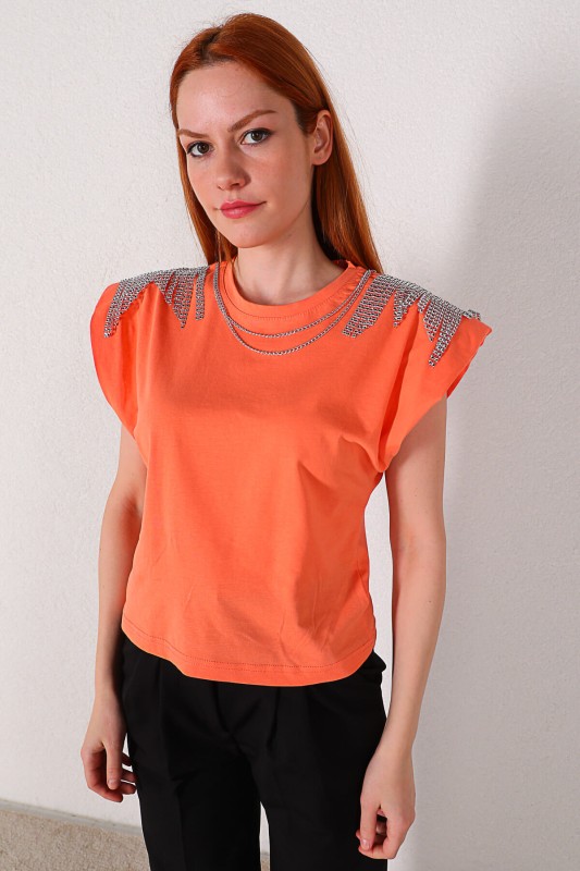 BLZ-06182 Turuncu Püskül Zincir Detay Vatkalı Bluz
