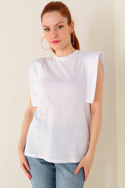 BLZ-06184 Beyaz Kol Detaylı Salaş Basic Bluz
