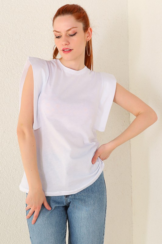 BLZ-06184 Beyaz Kol Detaylı Salaş Basic Bluz