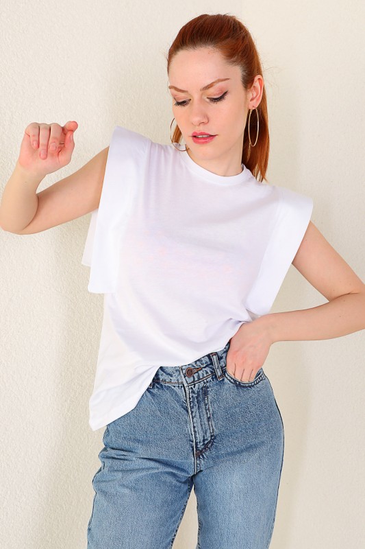 BLZ-06184 Beyaz Kol Detaylı Salaş Basic Bluz