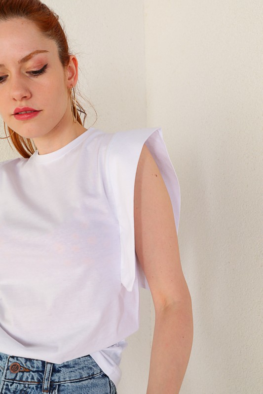 BLZ-06184 Beyaz Kol Detaylı Salaş Basic Bluz