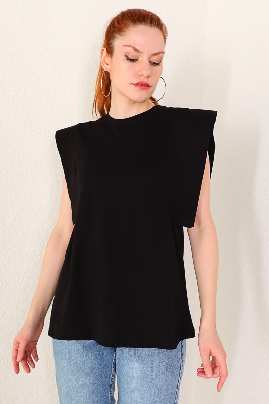 BLZ-06184 Siyah Kol Detaylı Salaş Basic Bluz