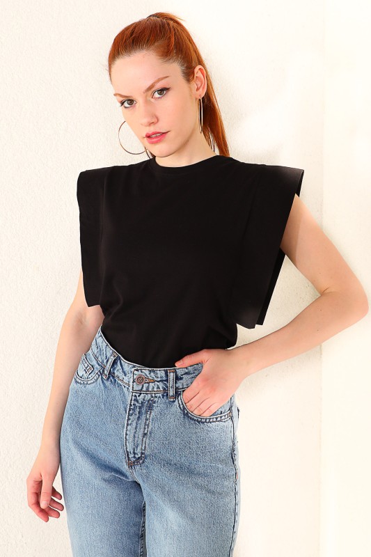 BLZ-06184 Siyah Kol Detaylı Salaş Basic Bluz