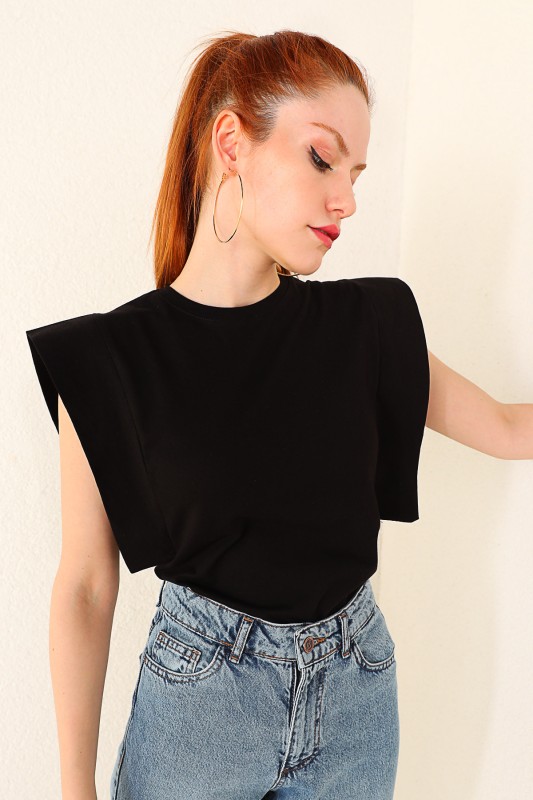 BLZ-06184 Siyah Kol Detaylı Salaş Basic Bluz