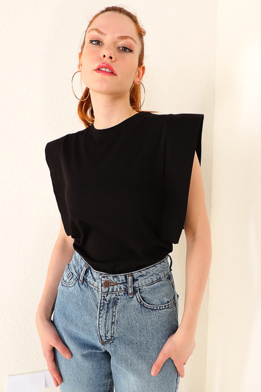 BLZ-06184 Siyah Kol Detaylı Salaş Basic Bluz