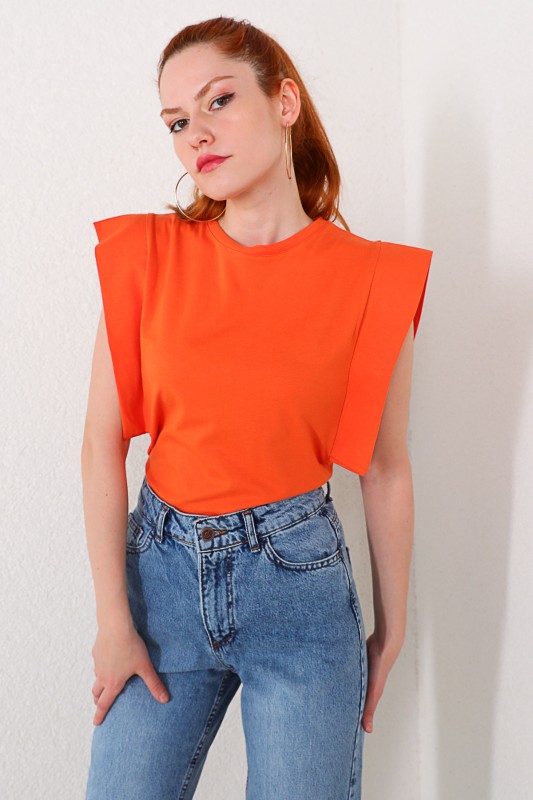 BLZ-06184 Turuncu Kol Detaylı Salaş Basic Bluz