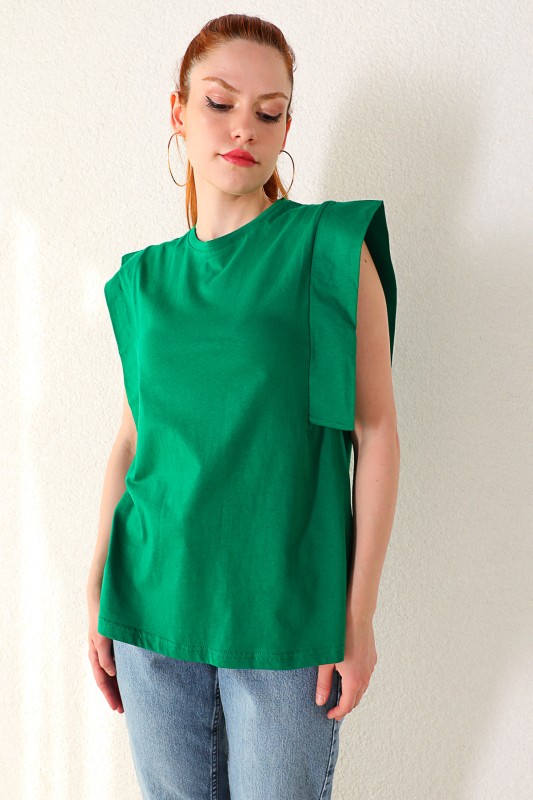 BLZ-06184 Yeşil Kol Detaylı Salaş Basic Bluz